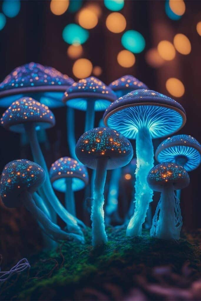 Glowing blue mushrooms with colorful lights in a dark, mystical forest setting at night.