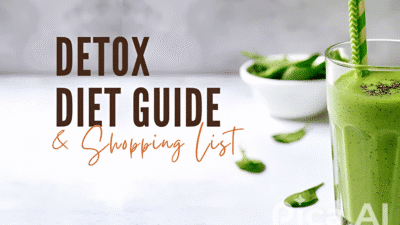 Detox Diet Guide and Shopping List with Green Smoothie and Spinach Bowl on White Table
