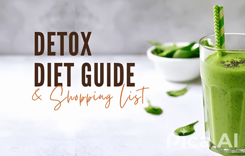 Detox Diet Guide and Shopping List with Green Smoothie and Spinach Bowl on White Table