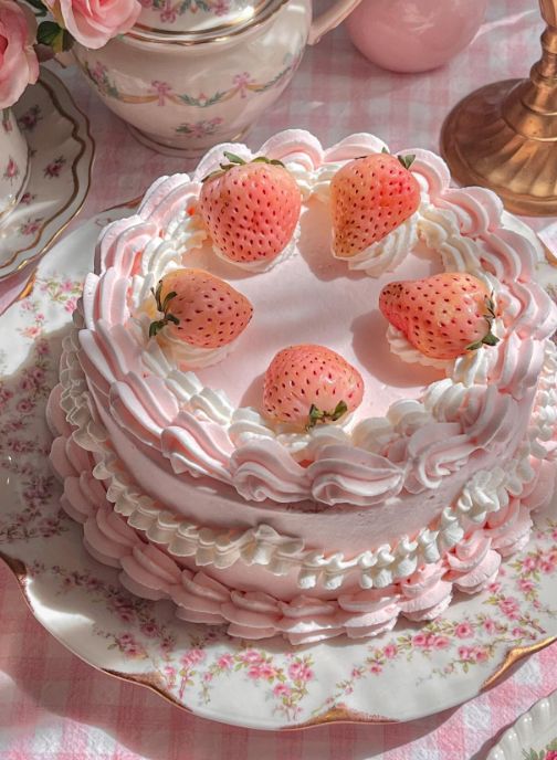 Elegant pink cake topped with fresh strawberries on a floral plate, set on a pink checkered tablecloth.