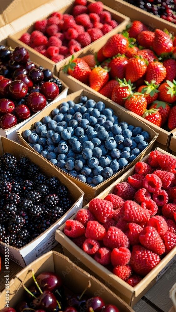 Assorted fresh berries in baskets: strawberries, blueberries, raspberries, cherries, and blackberries at a market stall.