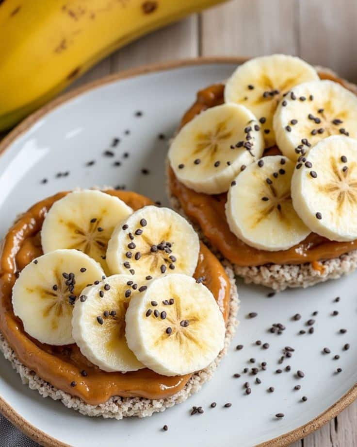 Rice cakes topped with peanut butter, banana slices, and chia seeds on a plate. Healthy snack idea.