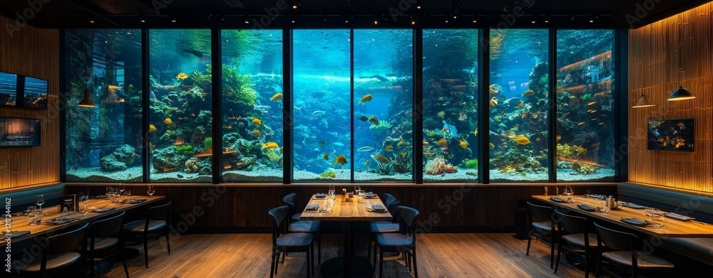 Elegant restaurant interior with a large aquarium wall, featuring vibrant fish and coral, creating an underwater dining experience.