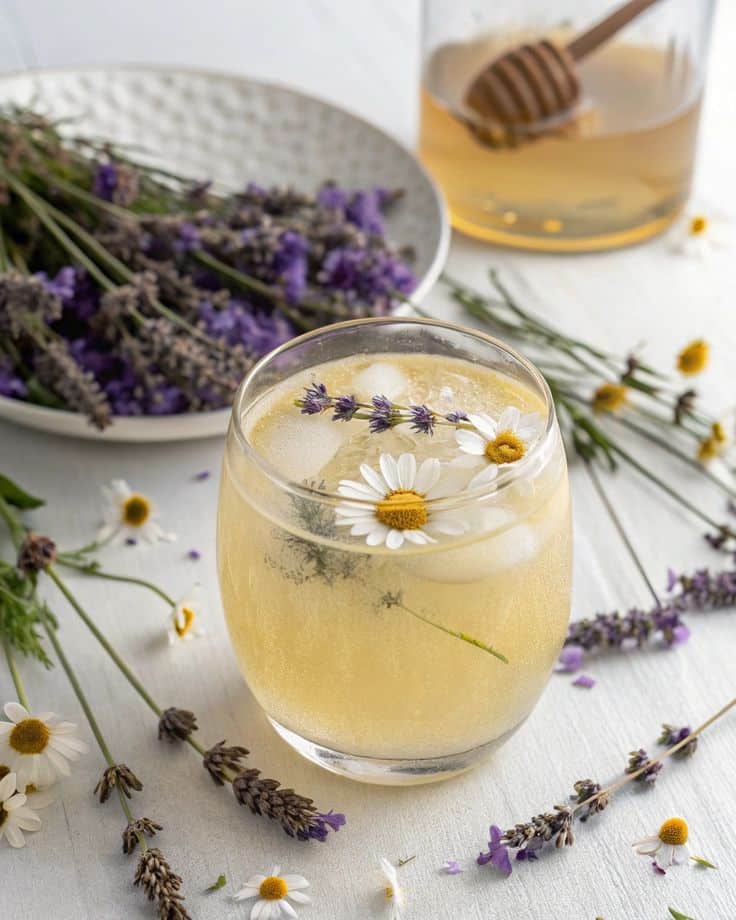 Refreshing honey and lavender drink garnished with chamomile flower and surrounded by fresh lavender sprigs.