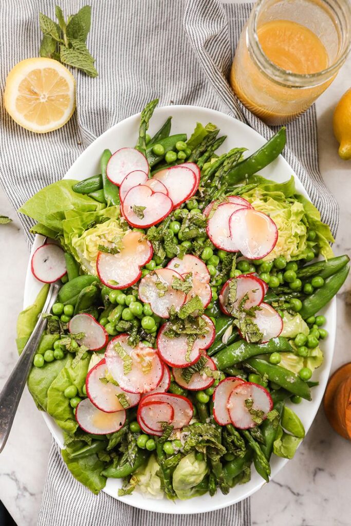 Fresh vegetable salad with radishes, peas, asparagus, and greens on a plate, garnished with mint leaves.