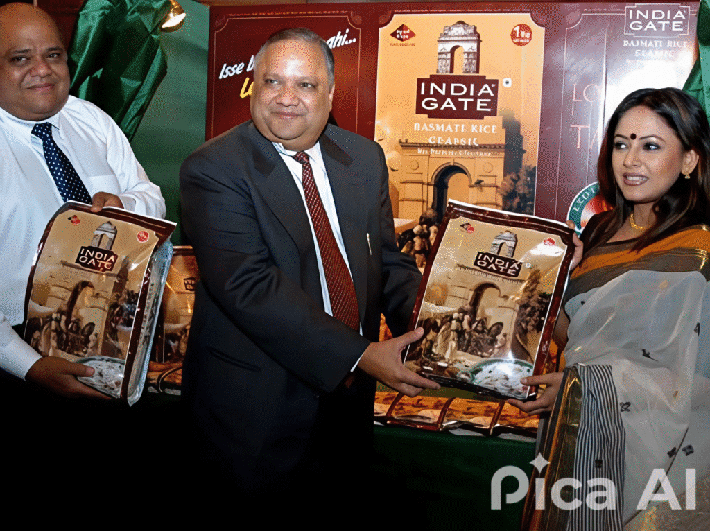 Three individuals showcasing India Gate Basmati Rice packaging at a promotional event.