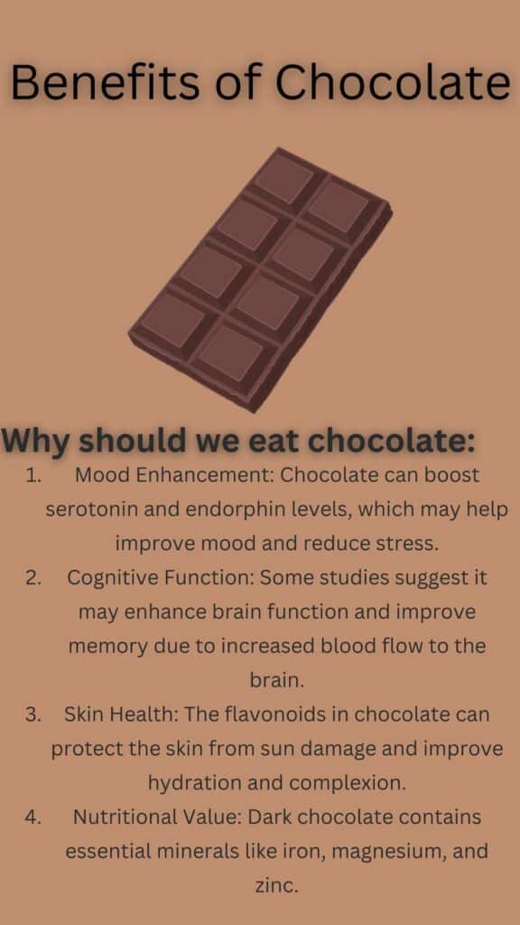 Chocolate benefits poster highlighting mood boost, cognitive support, skin health, and nutritional value.