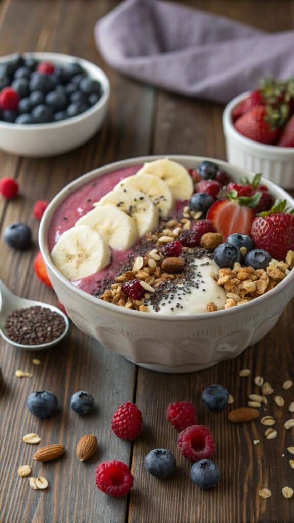 Healthy smoothie bowl with bananas, strawberries, granola, and chia seeds on a wooden table. Fresh berries around.