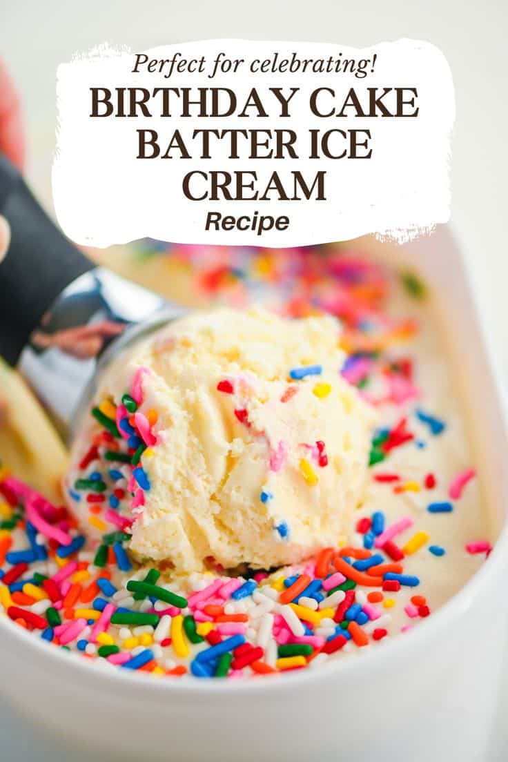 Birthday cake batter ice cream with colorful sprinkles in a bowl, perfect for celebrations.
