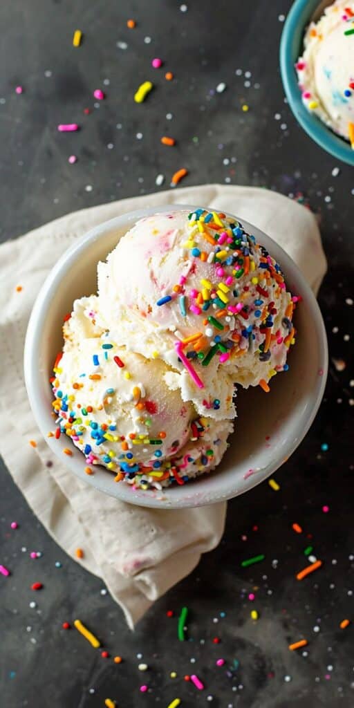 Bowl of vanilla ice cream scoops topped with colorful sprinkles on a dark background.