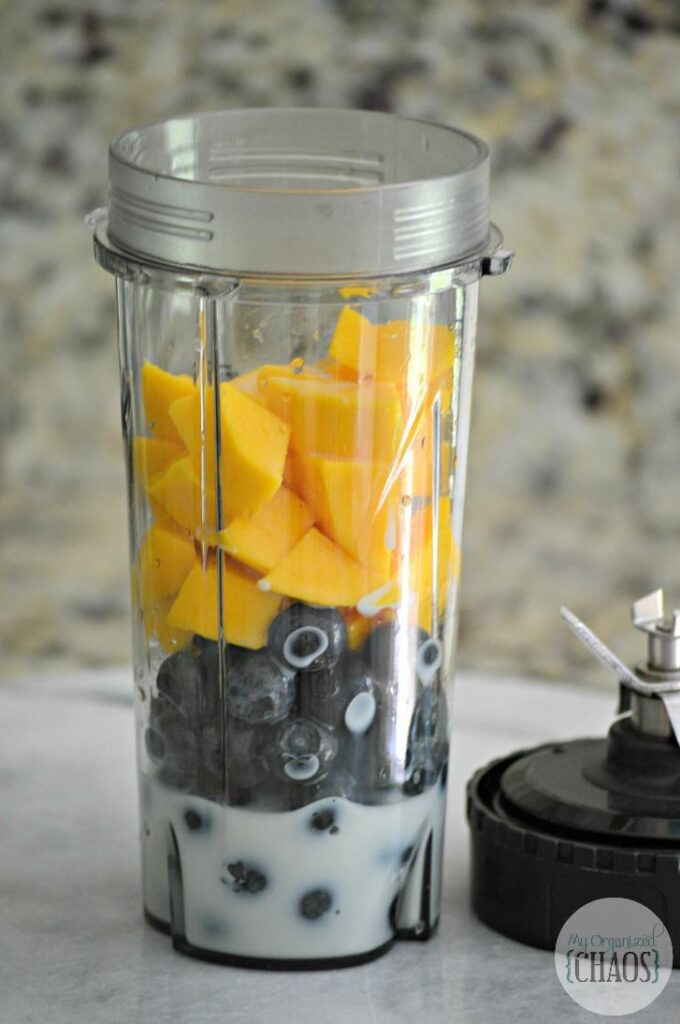 Blender cup with fresh mango, blueberries, and milk, ready for a nutritious smoothie blend.