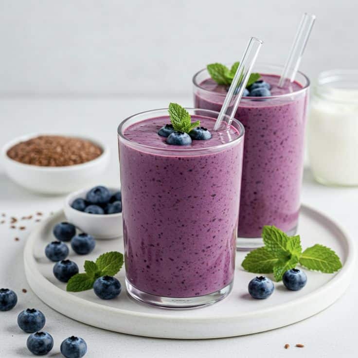 Two blueberry smoothies in glasses with mint garnish on a white tray, surrounded by fresh blueberries and seeds.