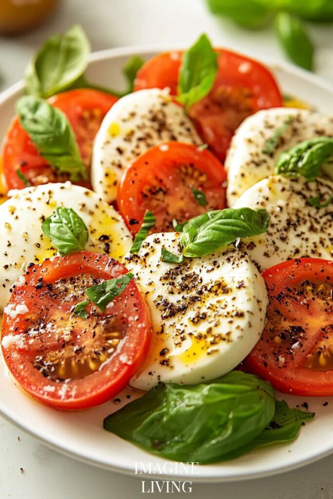 Caprese salad with fresh mozzarella, tomatoes, basil, and olive oil on a white plate.