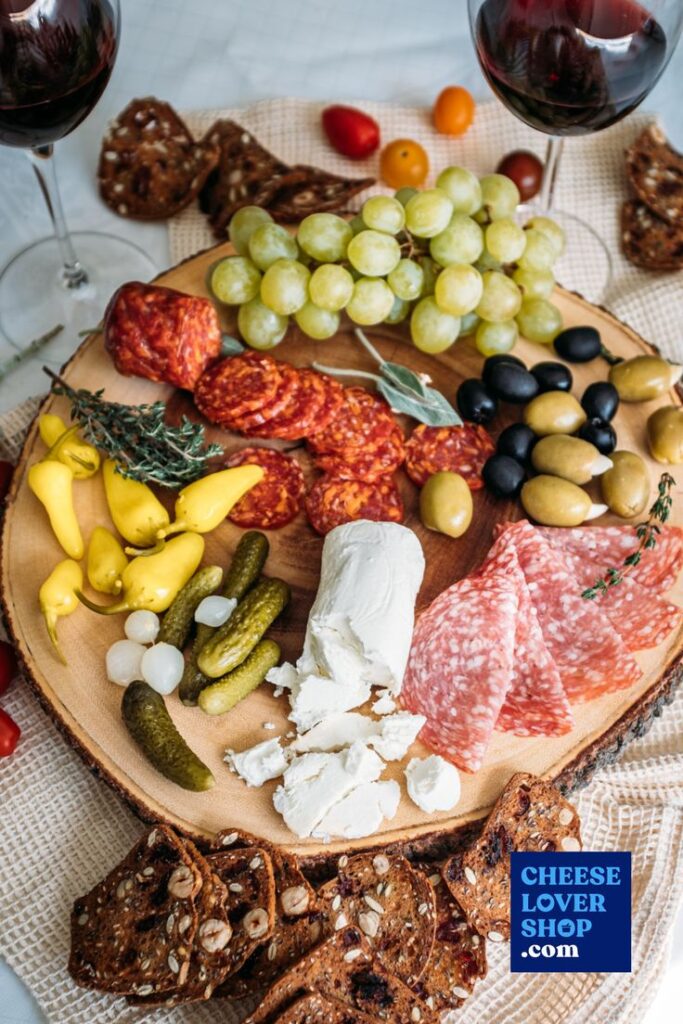 Charcuterie board with meats, cheeses, grapes, olives, pickles; served with red wine and crackers.