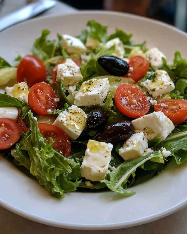 Fresh Greek salad with feta, cherry tomatoes, olives, and greens in a white bowl, seasoned with olive oil and pepper.