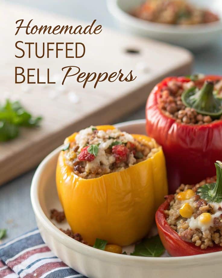 Delicious homemade stuffed bell peppers filled with rice and veggies, served in a dish for a perfect dinner option.