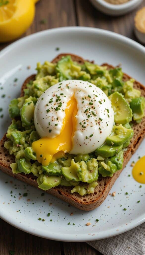 Avocado toast with a runny poached egg, garnished with herbs, served on a white plate for a delicious breakfast.