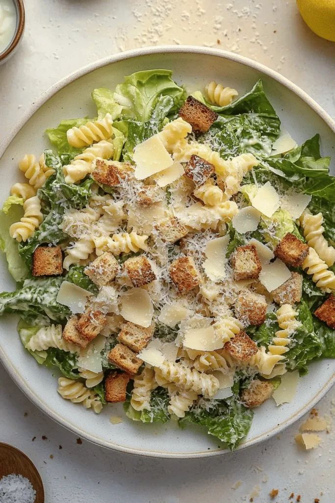 Fresh Caesar salad with romaine, croutons, rotini pasta, and shaved parmesan cheese in a white bowl.