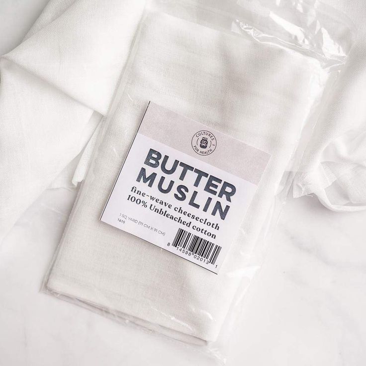 Butter muslin package, fine-weave cheesecloth made from 100% unbleached cotton, ideal for culinary uses.