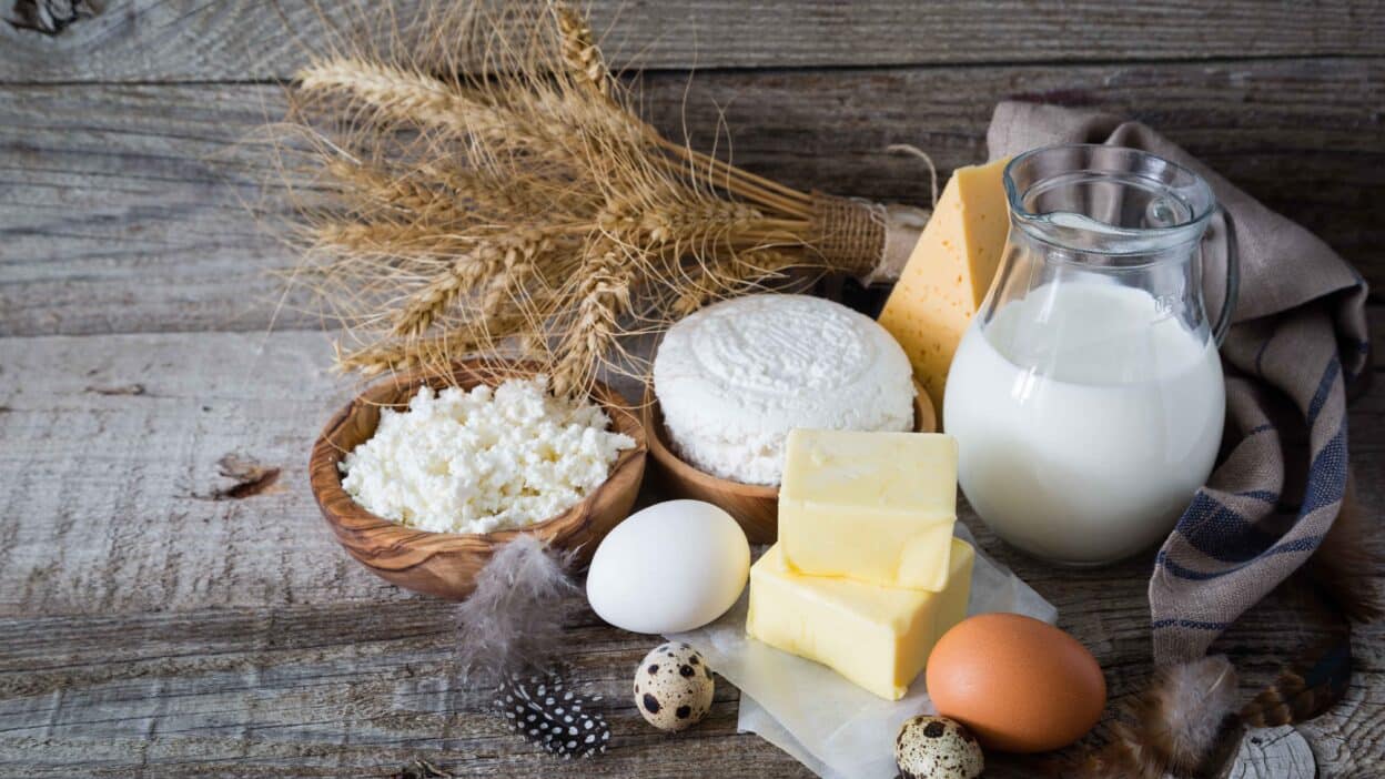 Assorted dairy products with eggs and wheat on rustic wooden background, including milk, cheese, and butter.