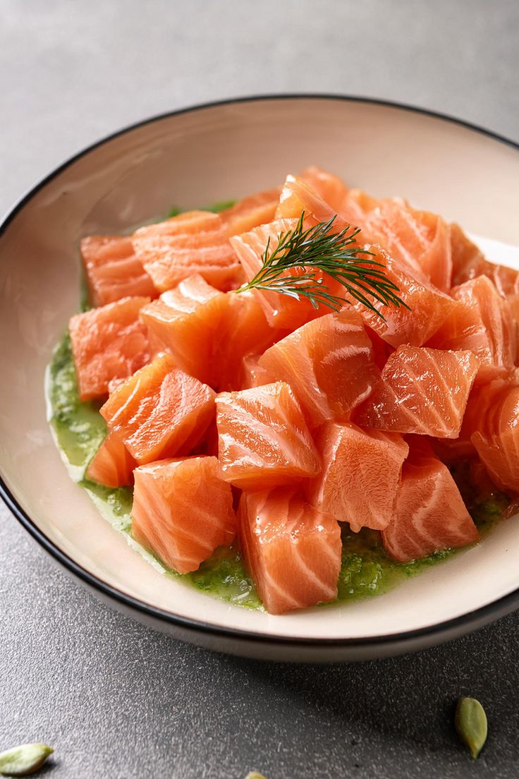 Fresh salmon sashimi cubes served in a bowl garnished with dill.
