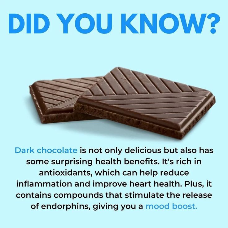 Dark chocolate squares with text highlighting health benefits like antioxidants and mood boost on a light blue background.