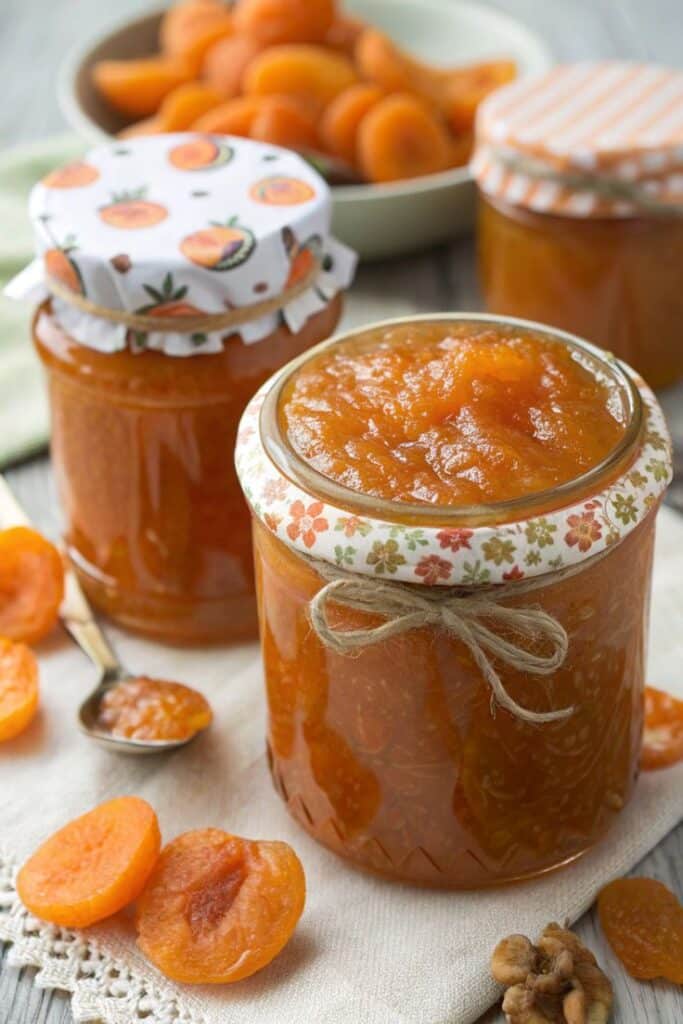 Homemade apricot jam in decorated jars with fresh apricots, perfect for a sweet breakfast spread.