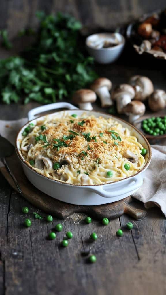 Creamy pasta bake with mushrooms, peas, and breadcrumbs in a ceramic dish, garnished with fresh parsley.