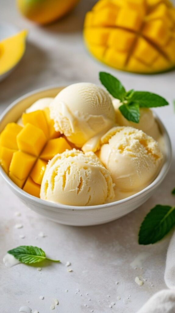 Bowl of creamy vanilla ice cream with fresh mango cubes and mint leaves, on a light background. Perfect summer dessert.