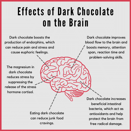 Infographic on dark chocolate benefits: boosts endorphins, reduces stress, enhances brain function, protects from damage.