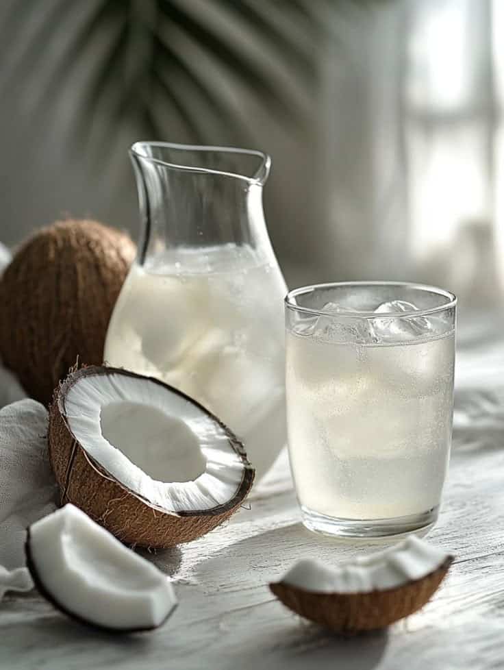 Refreshing coconut water with ice in glass and jug, surrounded by split coconuts on a white background.