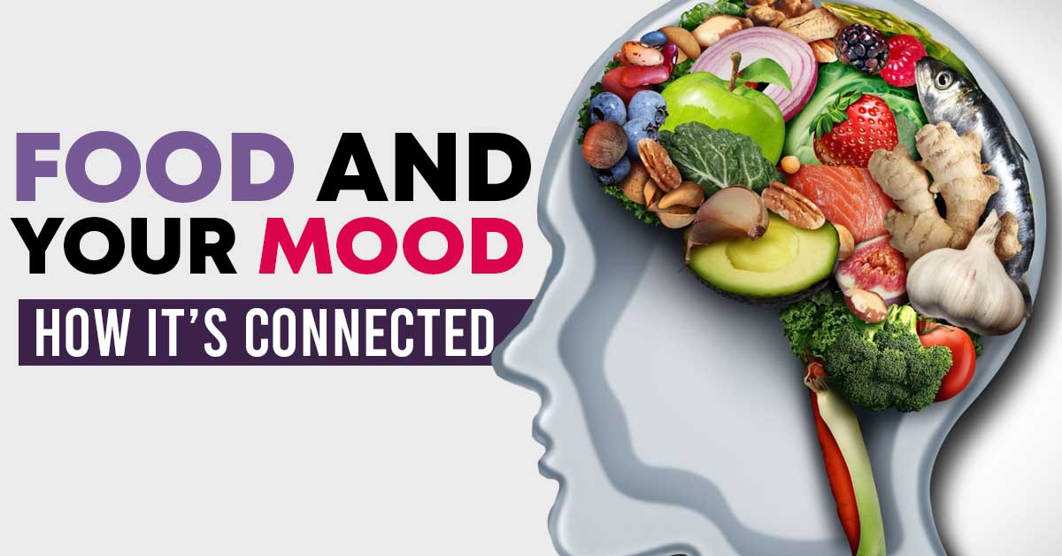 Illustration of brain with foods showing the connection between diet and mood. Food and Your Mood text overlay.