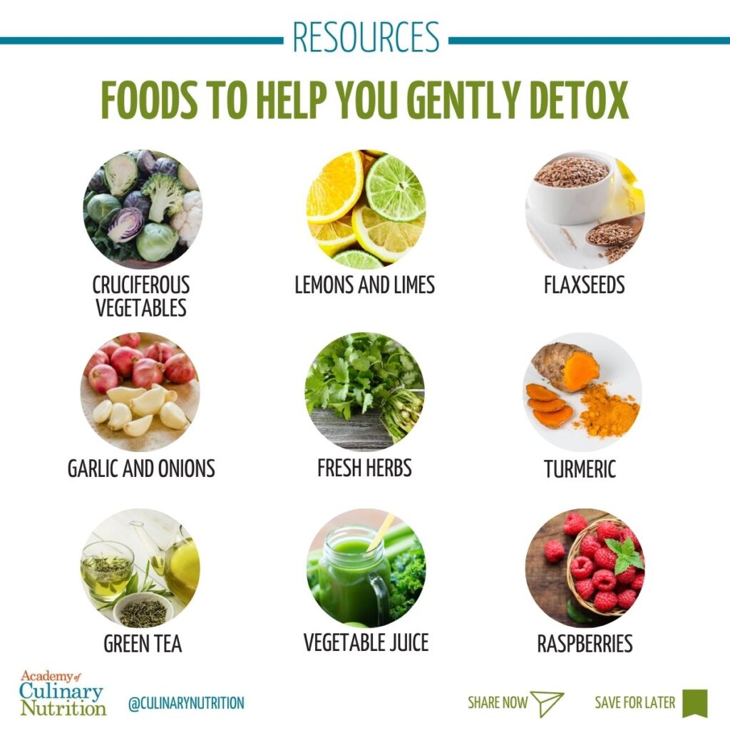 Foods to gently detox: cruciferous vegetables, lemons, flaxseeds, garlic, herbs, turmeric, green tea, juice, raspberries.