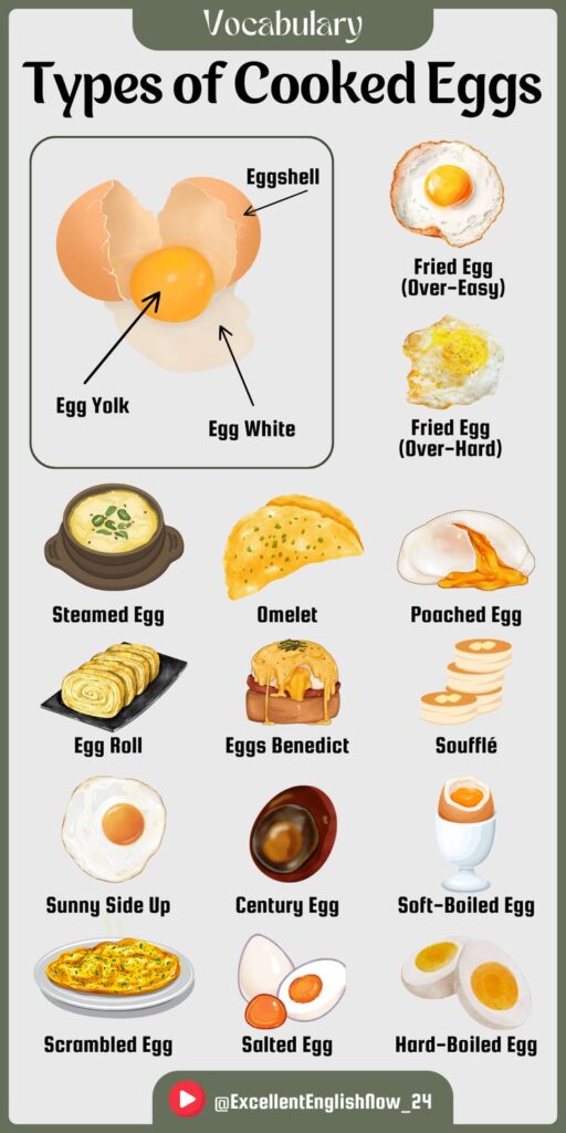Different types of cooked eggs illustrated, including fried, poached, omelet, and more, for vocabulary learning.
