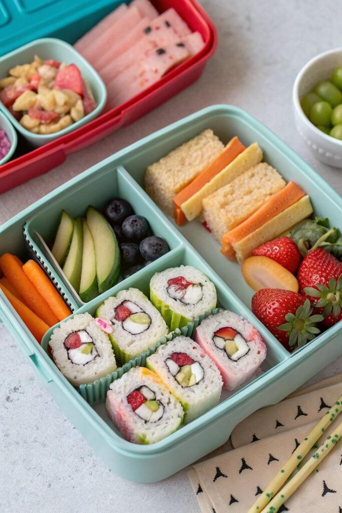 Colorful bento box with sushi rolls, fresh fruits, vegetables, and snacks on a light background. Perfect for lunch ideas.
