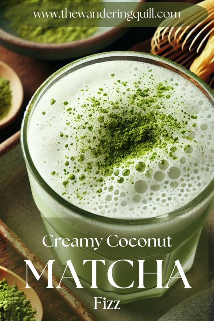 Creamy Coconut Matcha Fizz topped with green matcha powder in a glass cup, surrounded by matcha preparations.