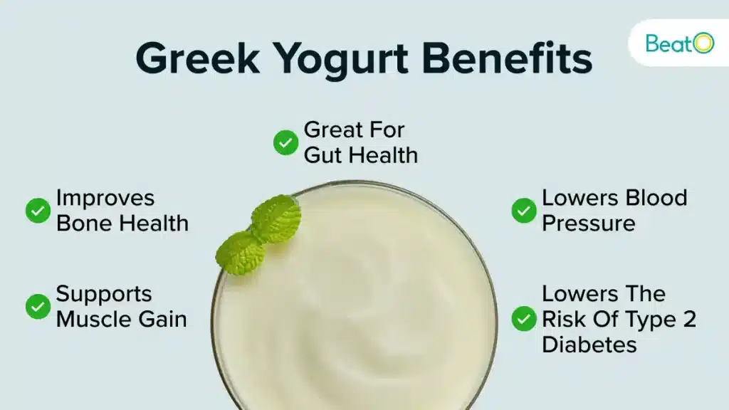 Greek yogurt benefits infographic: gut health, bone health, muscle gain, lowers blood pressure & type 2 diabetes risk.