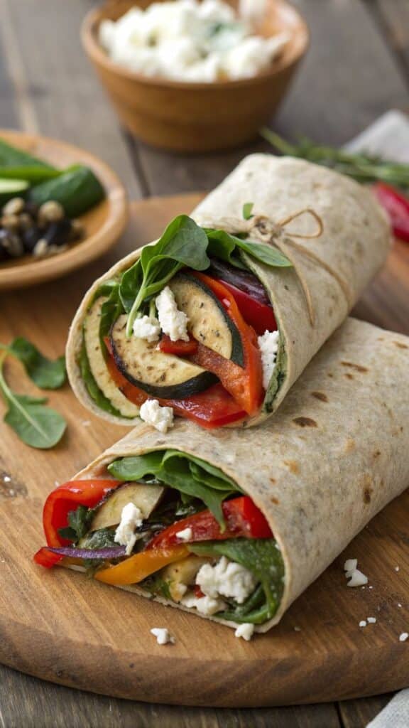 Fresh vegetable wrap with spinach, bell peppers, and feta cheese on a wooden board. Perfect healthy lunch option.