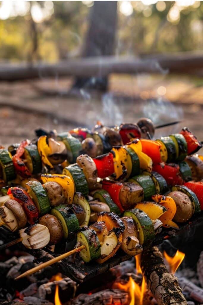 Grilled vegetable skewers with peppers, zucchini, and mushrooms over an open fire in a forest setting.