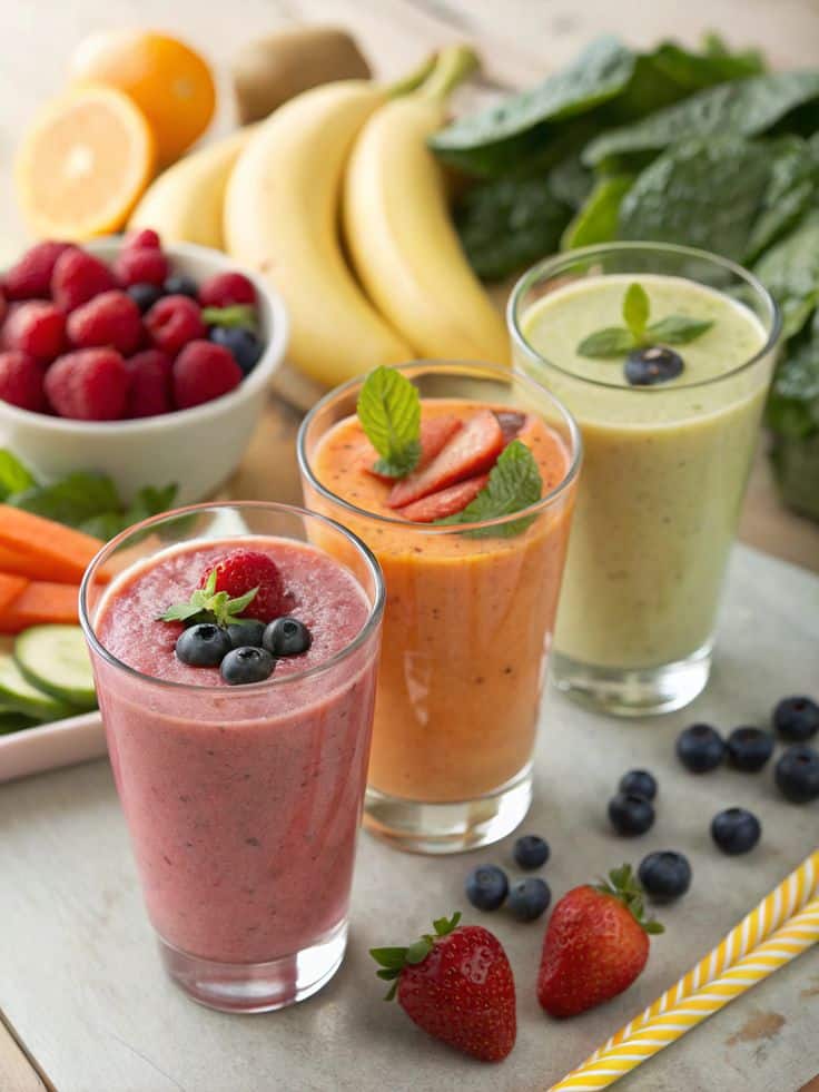 Colorful fruit smoothies with fresh fruits and leafy greens. Healthy drink with strawberries, bananas, and berries.