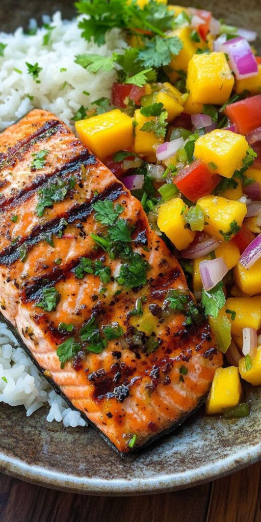 Grilled salmon with mango salsa and cilantro garnished rice, served on a rustic plate.