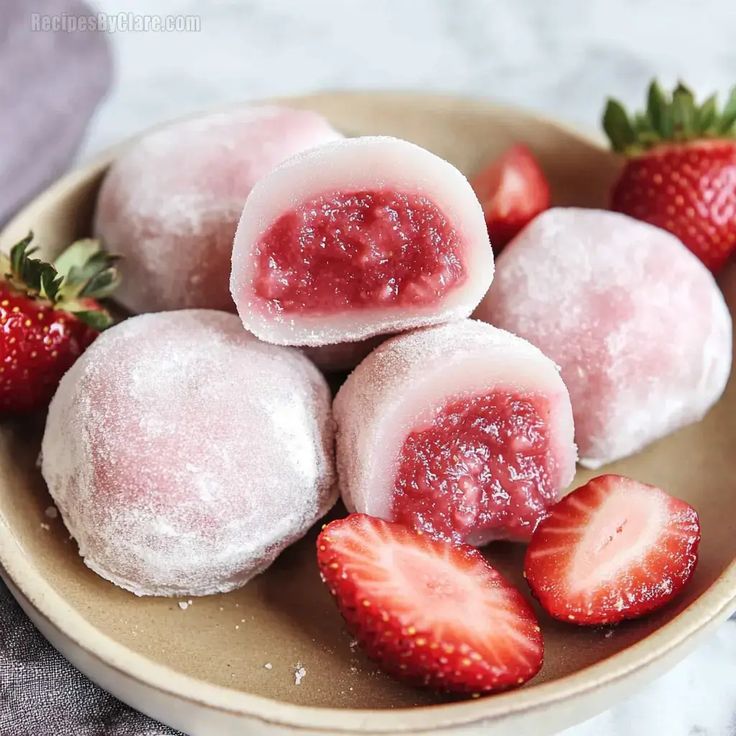 Plate of strawberry mochi with fresh strawberries, showing gooey red filling and soft pink exterior.