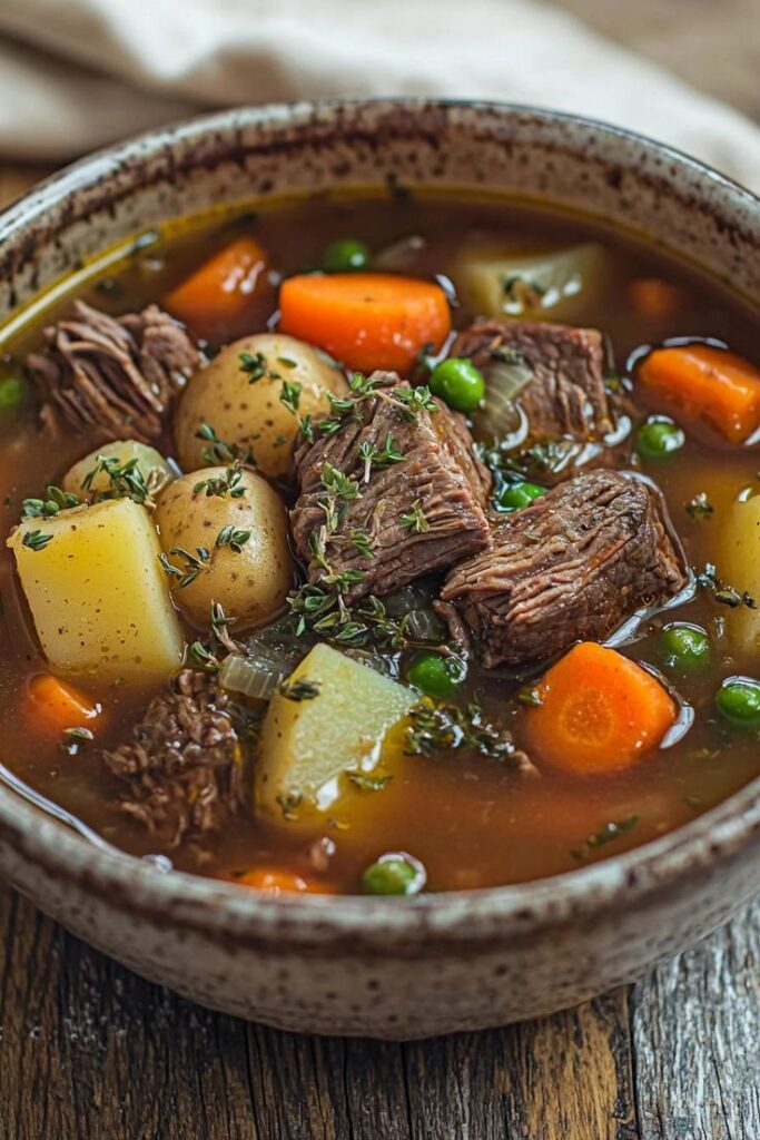 Hearty beef stew with vegetables in a ceramic bowl, featuring carrots, potatoes, peas, and savory broth.