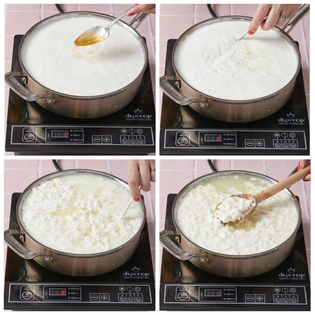 Making homemade ricotta cheese by heating milk, adding acid, and stirring to form curds on the stove.