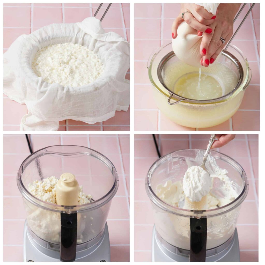 Step-by-step process of making homemade ricotta cheese with food processor and cheesecloth straining.