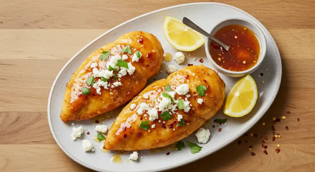Glazed chicken breasts topped with feta, parsley, served with lemon and dipping sauce on a white plate.