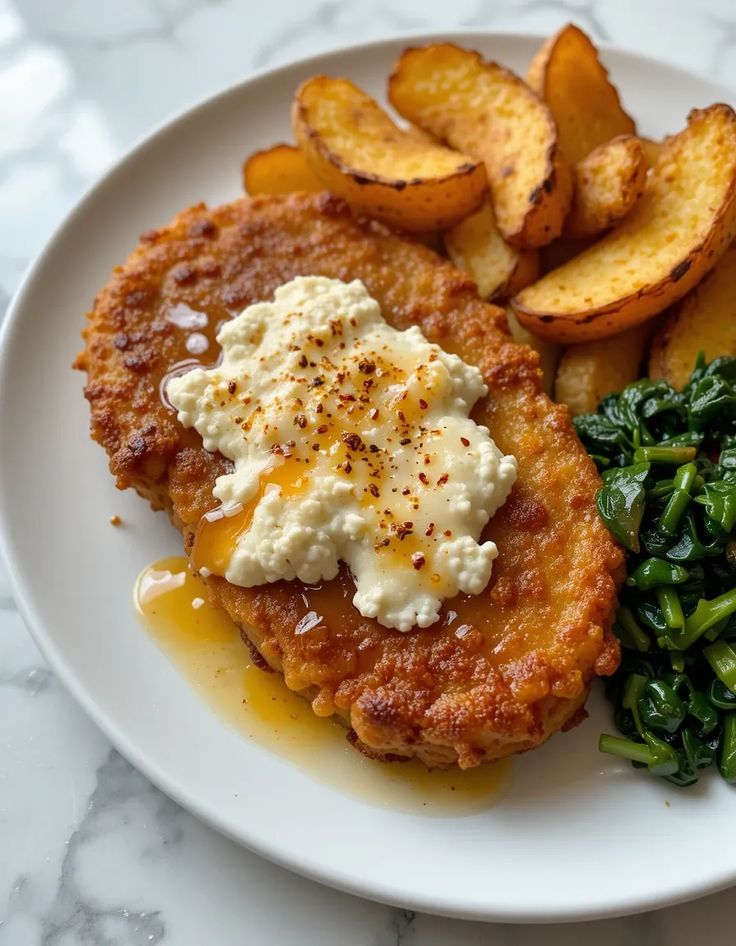 Crispy fried chicken with creamy topping, served with roasted potatoes and sauteed greens on a white plate.