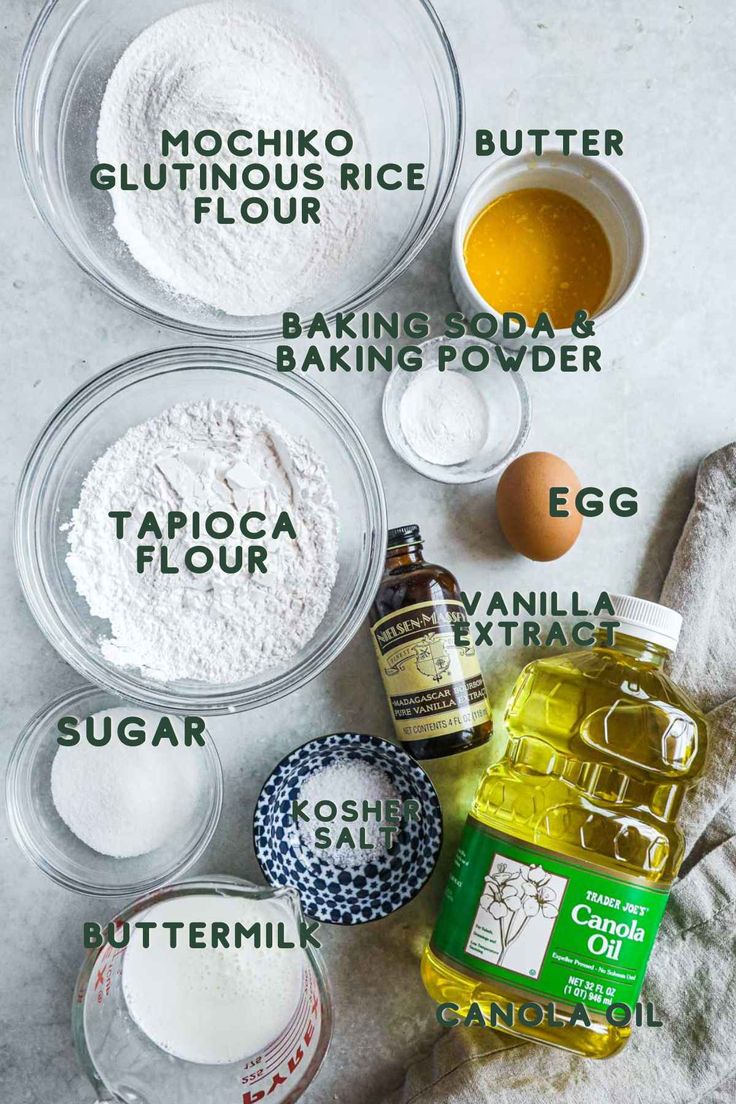 Baking ingredients: glutinous rice flour, butter, tapioca flour, egg, vanilla extract, canola oil, sugar, buttermilk.