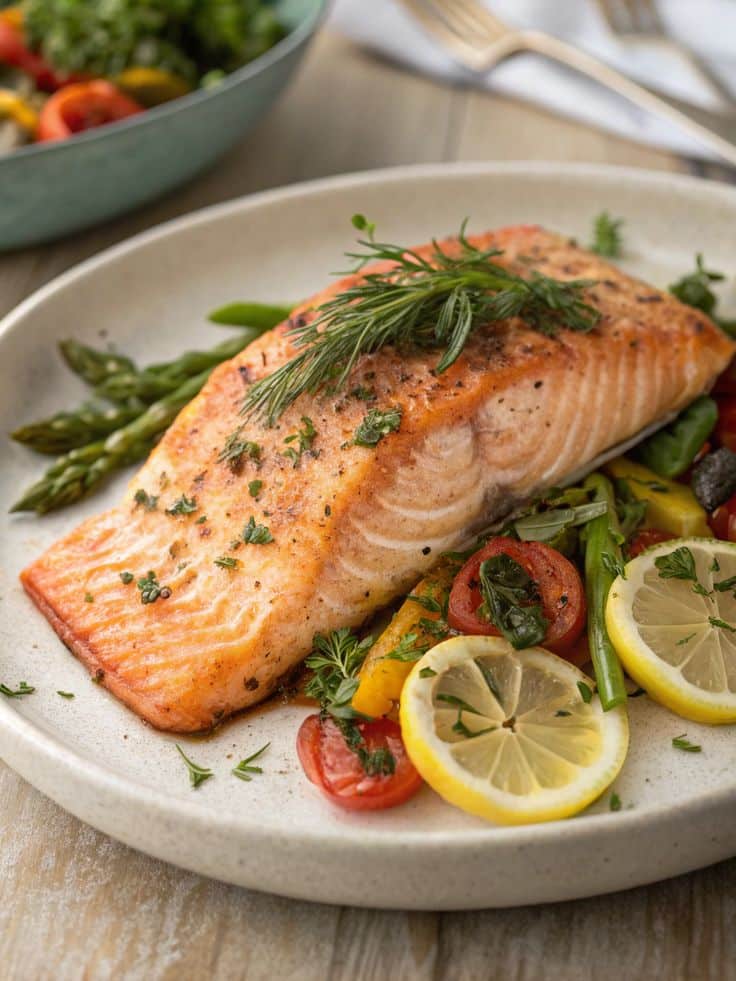 Grilled salmon with herbs, lemon slices, and vegetables on a plate for a healthy meal.