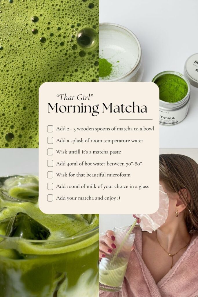 Morning matcha recipe: step-by-step guide with matcha powder, instructions, and a person enjoying the drink.